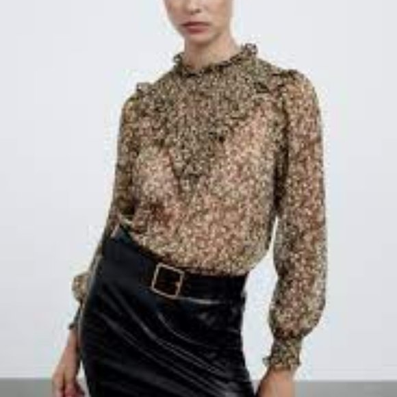 NWT ZARA METALLIC THREAD PRINTED BLOUSE Smocked  Ruffle - Picture 5 of 13